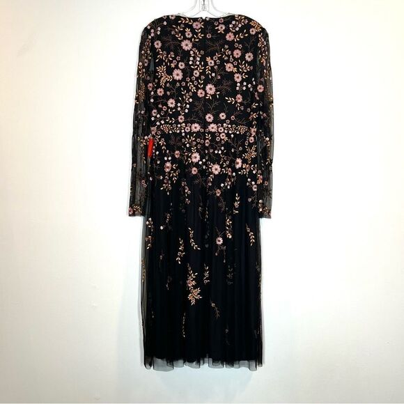 Mac Duggal 35103 Size 12 Black Floral Embroidery Long Sleeve Cocktail Midi Dress - Picture 4 of 5